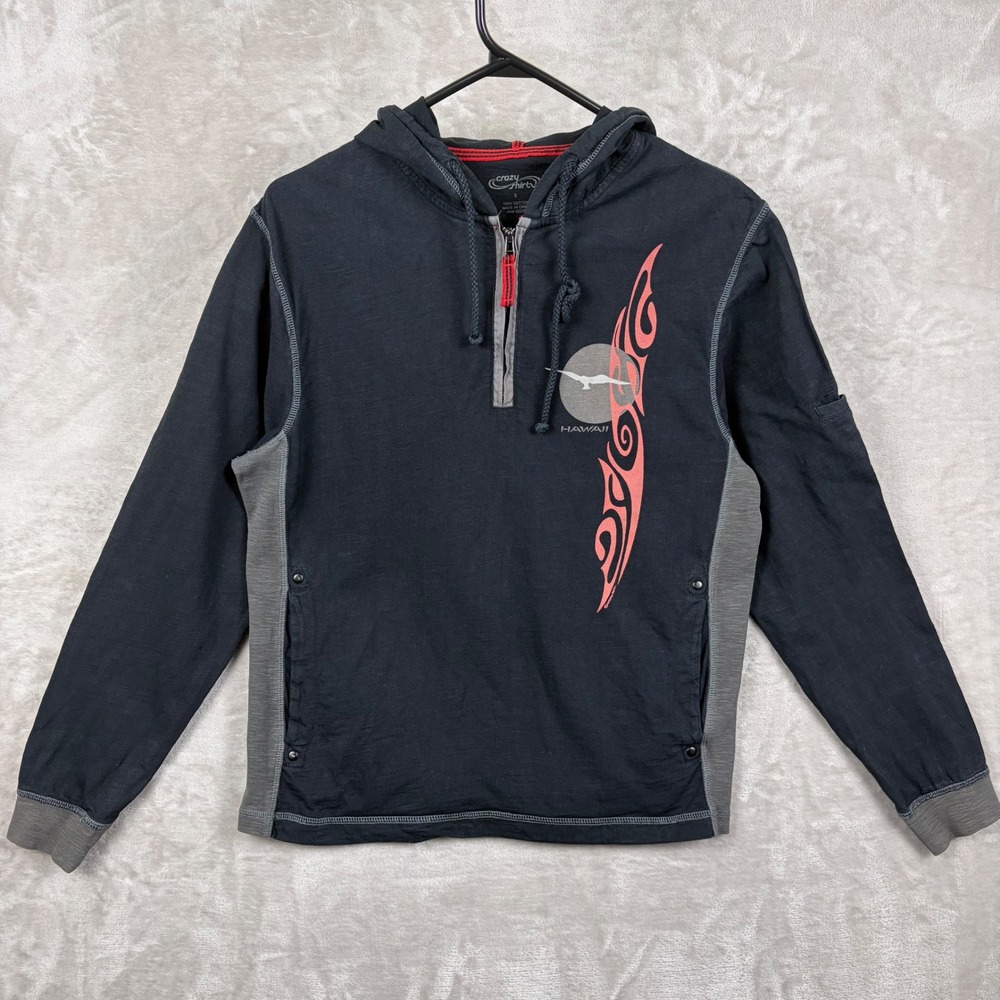 Crazy Shirts Hawaii Pullover Hoodie Size Small Quarter Zip Black Tribal Surfer